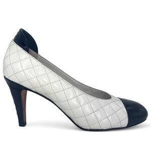 CHANEL White CC Logo Diamond Quilted Black Cap Toe Pumps Size EU37.5